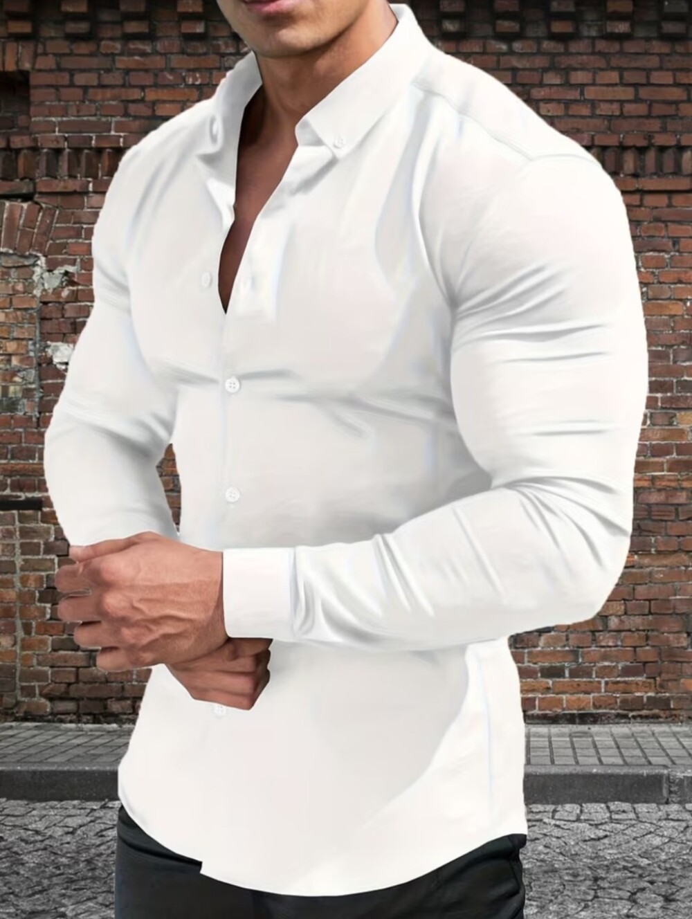 Men's White Bust 42.3" Inch Muscle Fit Slim Stretch Dress Shirt